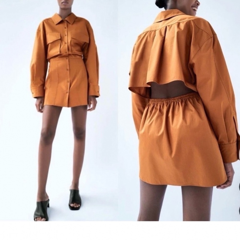 Zara Burnt Orange Cutout Back Poplin Mini Shirt Dress Utility Rust XS f5